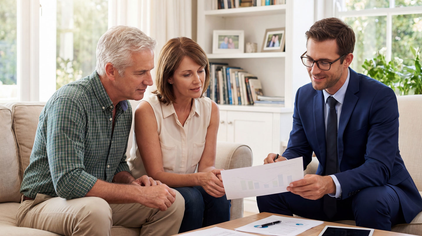 Conseillère bancaire en rendez-vous avec un couple d'emprunteurs dans un bureau d'agence contemporaine, examinant ensemble un dossier de crédit immobilier