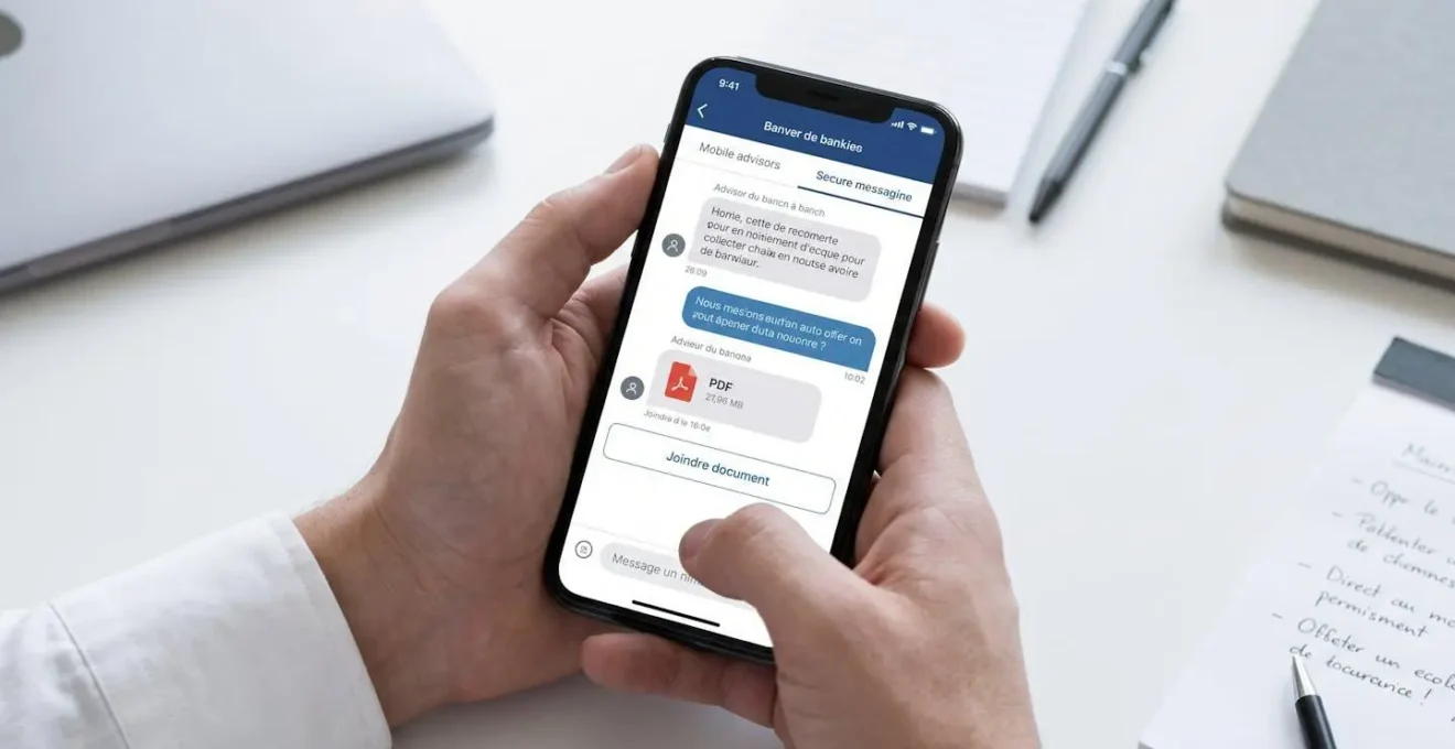 Mains utilisant la messagerie sécurisée d'une application bancaire mobile pour envoyer un message avec pièce jointe au conseiller crédit immobilier