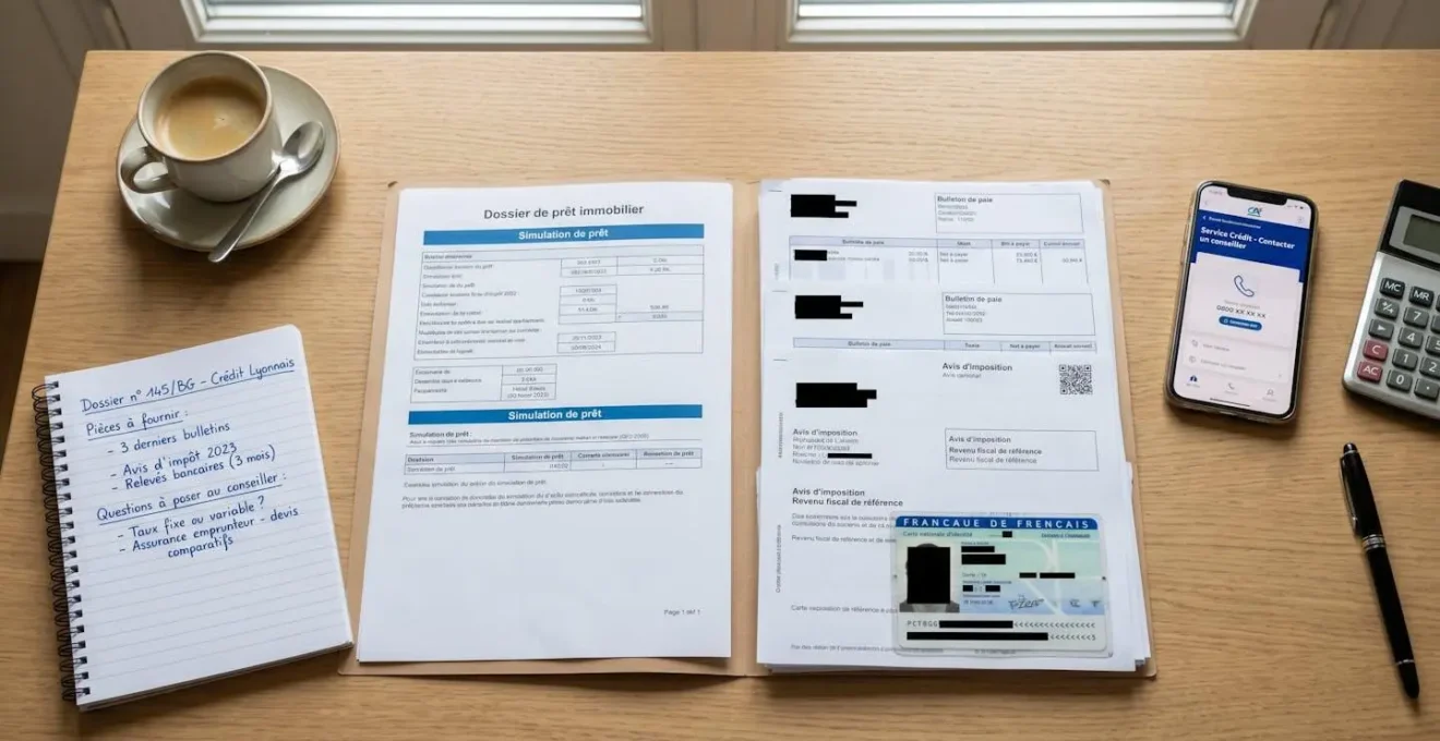 Vue de dessus d'une table de travail avec dossier de crédit immobilier, documents administratifs, notes manuscrites et smartphone affichant les coordonnées du service bancaire